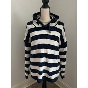 Navy Blue Striped Chenille Knit Hoodie size Large Pullover Sweater Breton Preppy